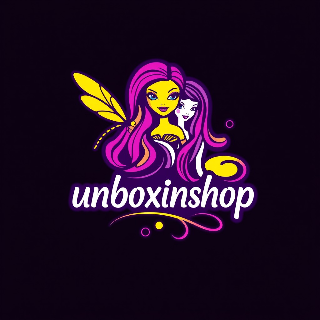 A stylish and colorful logo for 'unboxinshop', featuring vibrant Bratz doll imagery alongside a whimsical dragonfly