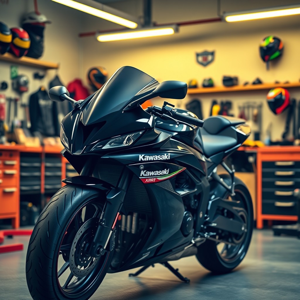 A sleek black Kawasaki ZX10RR motorcycle parked in a well-organized garage