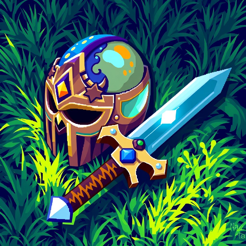 A pixel art style depiction of a colorful helmet and a sword laying on vibrant green grass