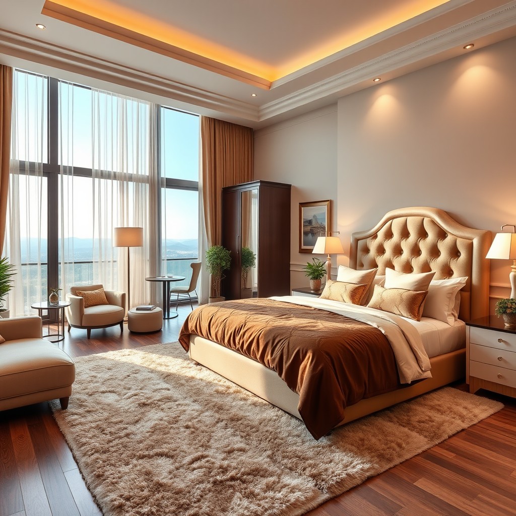 A luxurious suite bedroom with a king-size bed featuring an elegantly designed headboard, adorned with plush pillows and a rich duvet