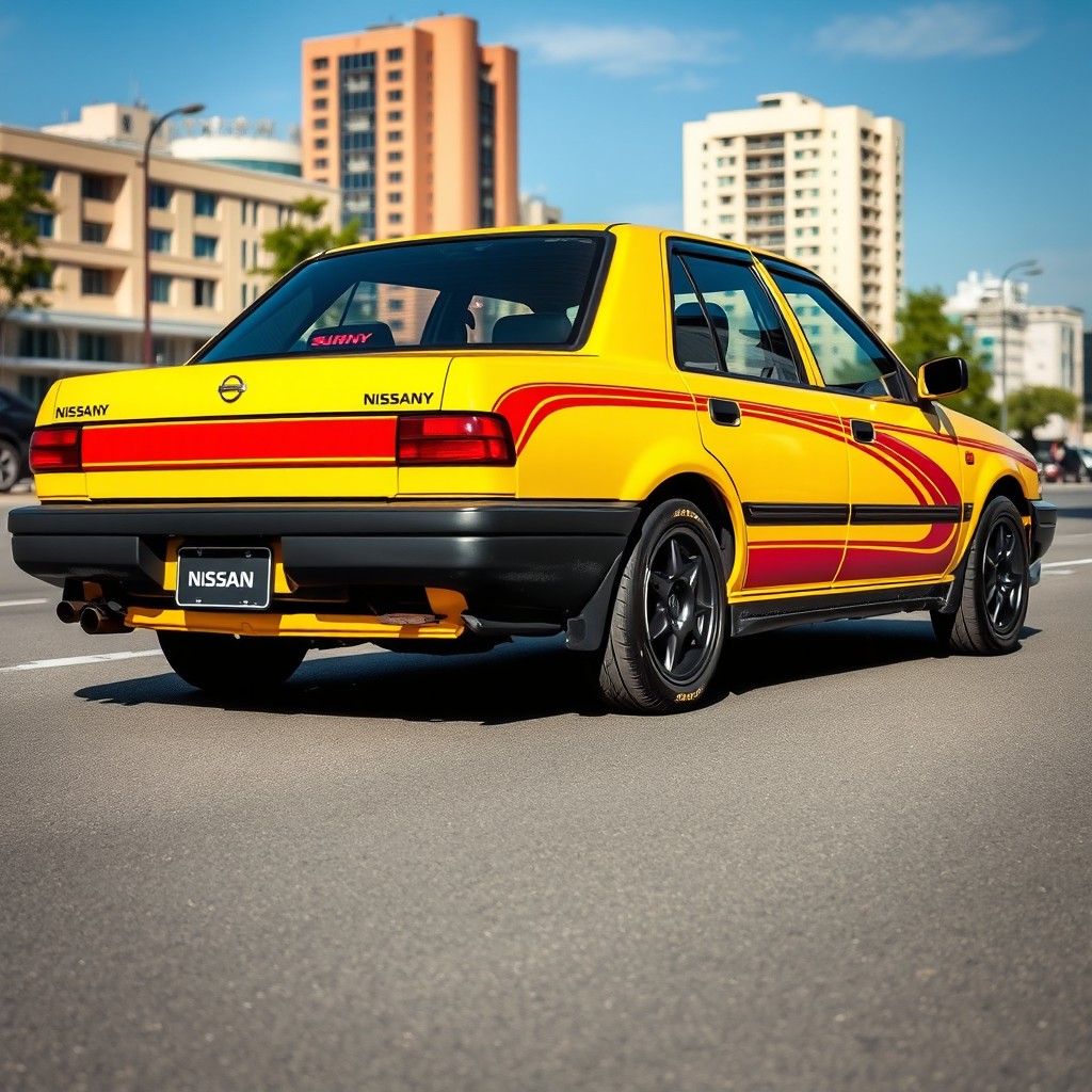 A Nissan Sunny 1996, painted bright yellow with vibrant vermilion red stripes and black accents