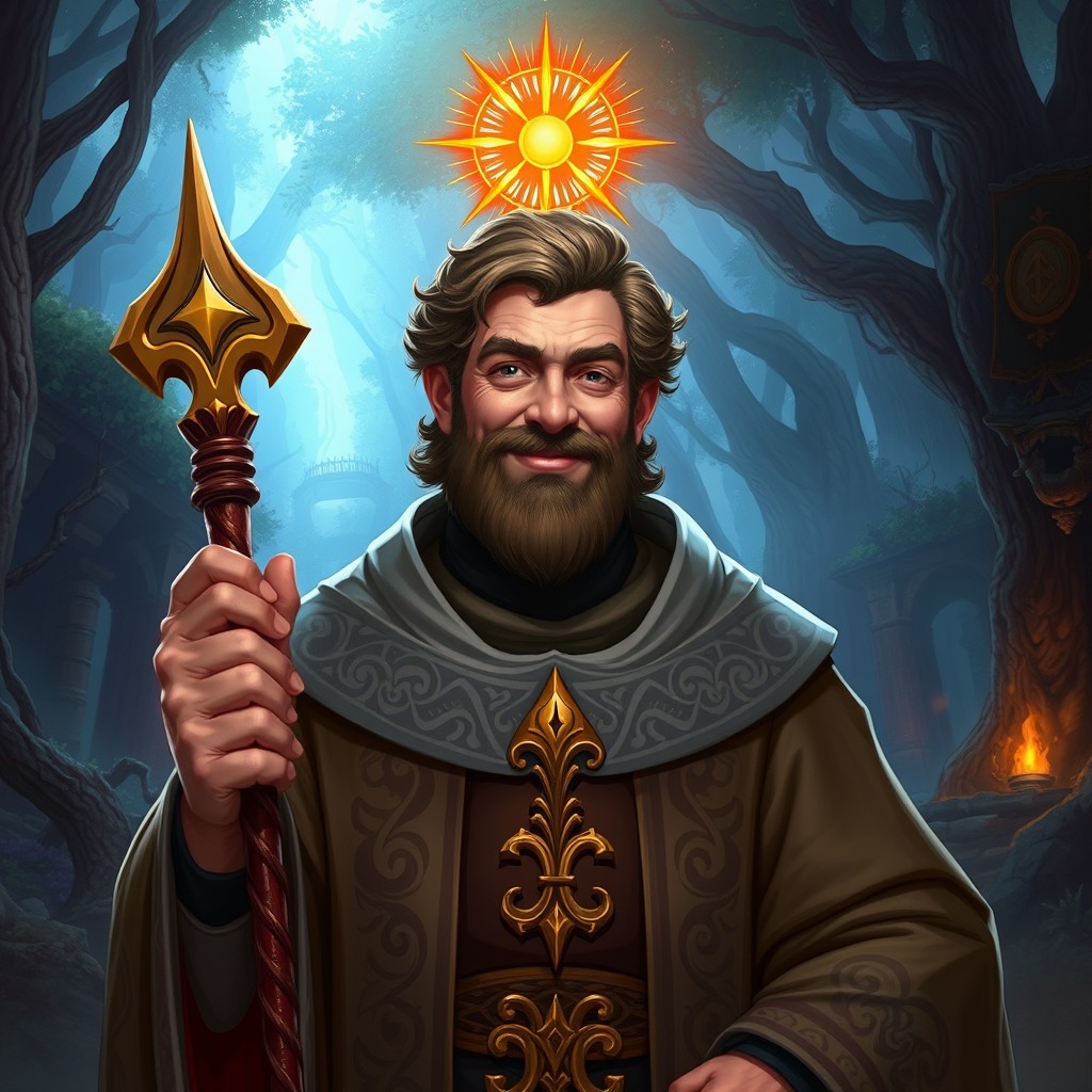 A character design for Father Marcelo Rossi dressed in a Dungeons and Dragons inspired fantasy setting