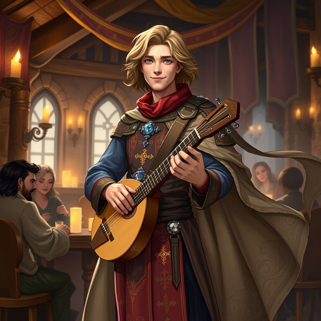 A character design of a human male Priest Bard in a Dungeons and Dragons fantasy setting