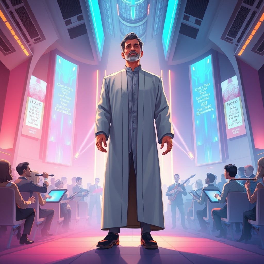 A visionary illustration of 'The Pastor of the Future', depicting a futuristic church leader standing confidently in a sleek, high-tech sanctuary