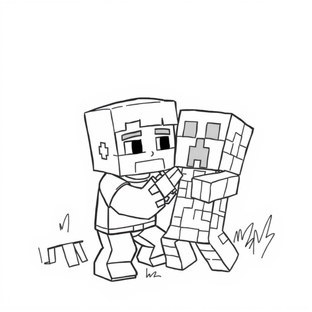 A cute cartoon line art illustration featuring a Minecraft character engaged in a battle with a creeper