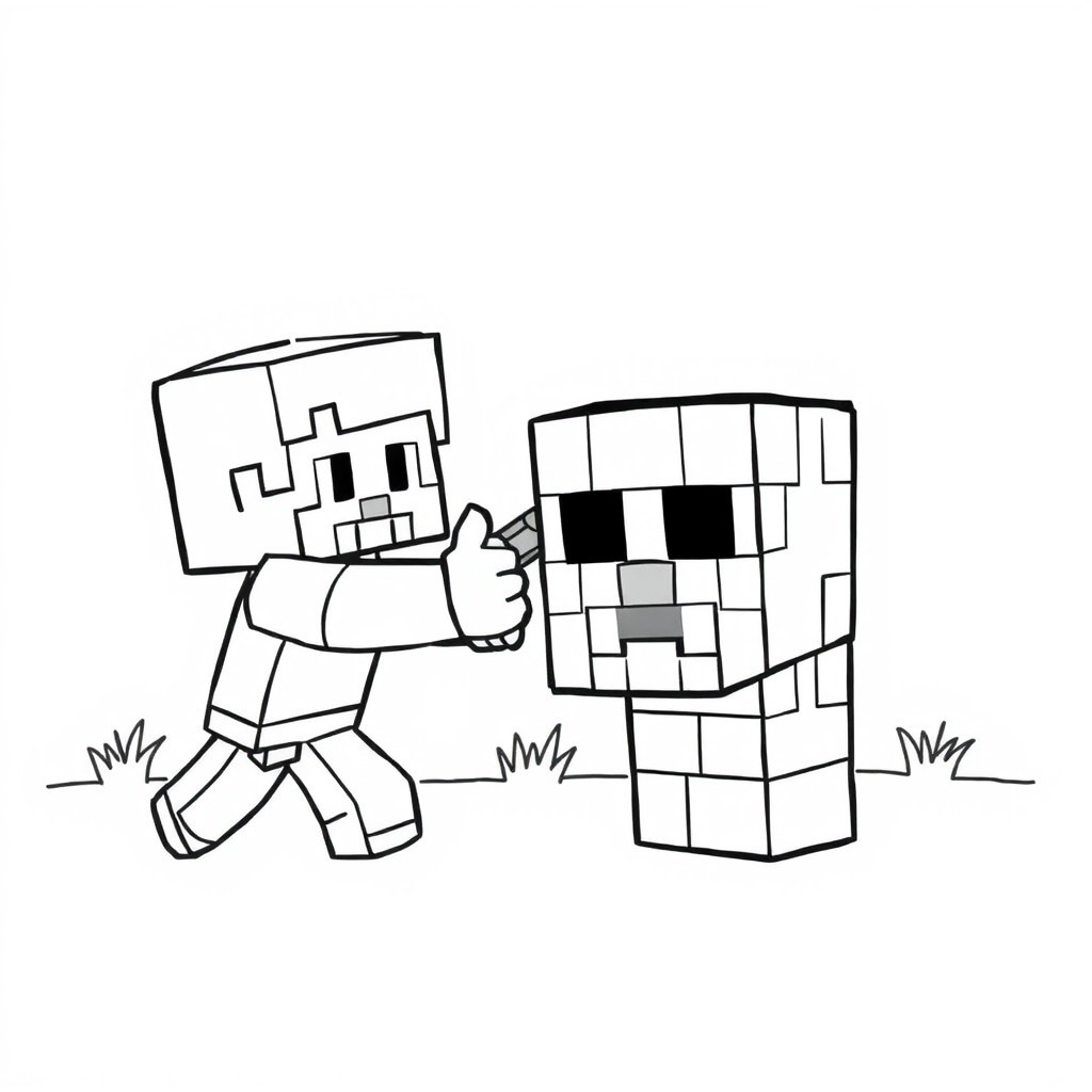A cute cartoon style line art illustration of a Minecraft character engaged in a battle with a creeper