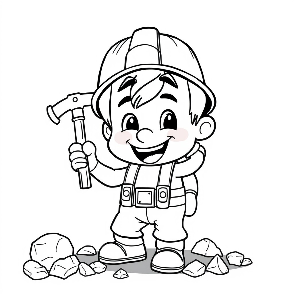 A cute cartoon character named Steve, joyfully mining coal with a pickaxe