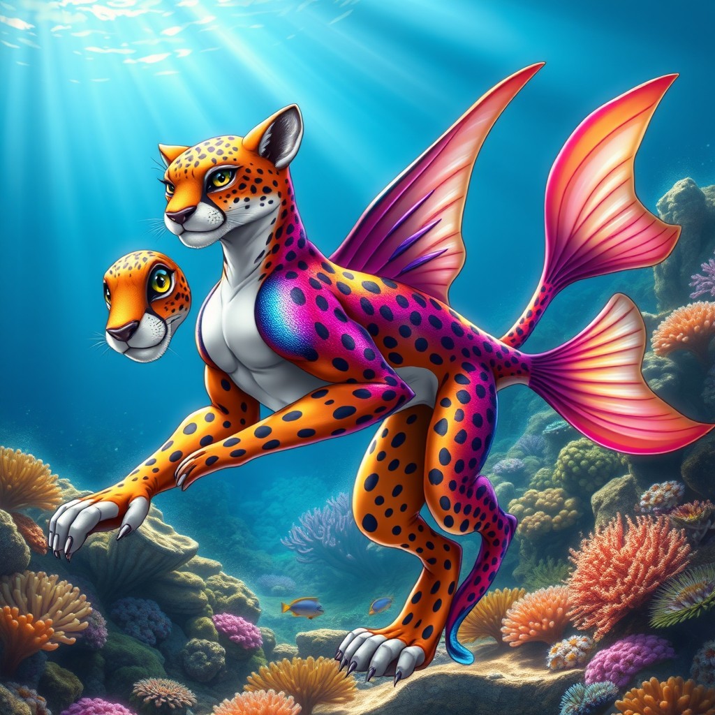 An anthropomorphic hybrid of a cheetah and a fish, featuring the sleek, muscular form of a cheetah with vibrant, shimmering scales covering parts of its body