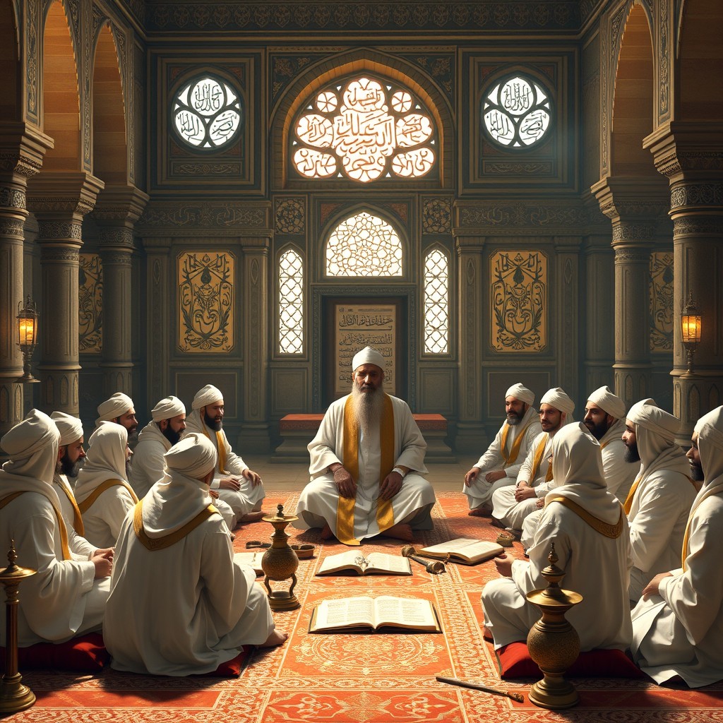 A historical, artistic image depicting a majestic gathering of an Ismaili master and his disciples in 11th-century Egypt during the Fatimid era