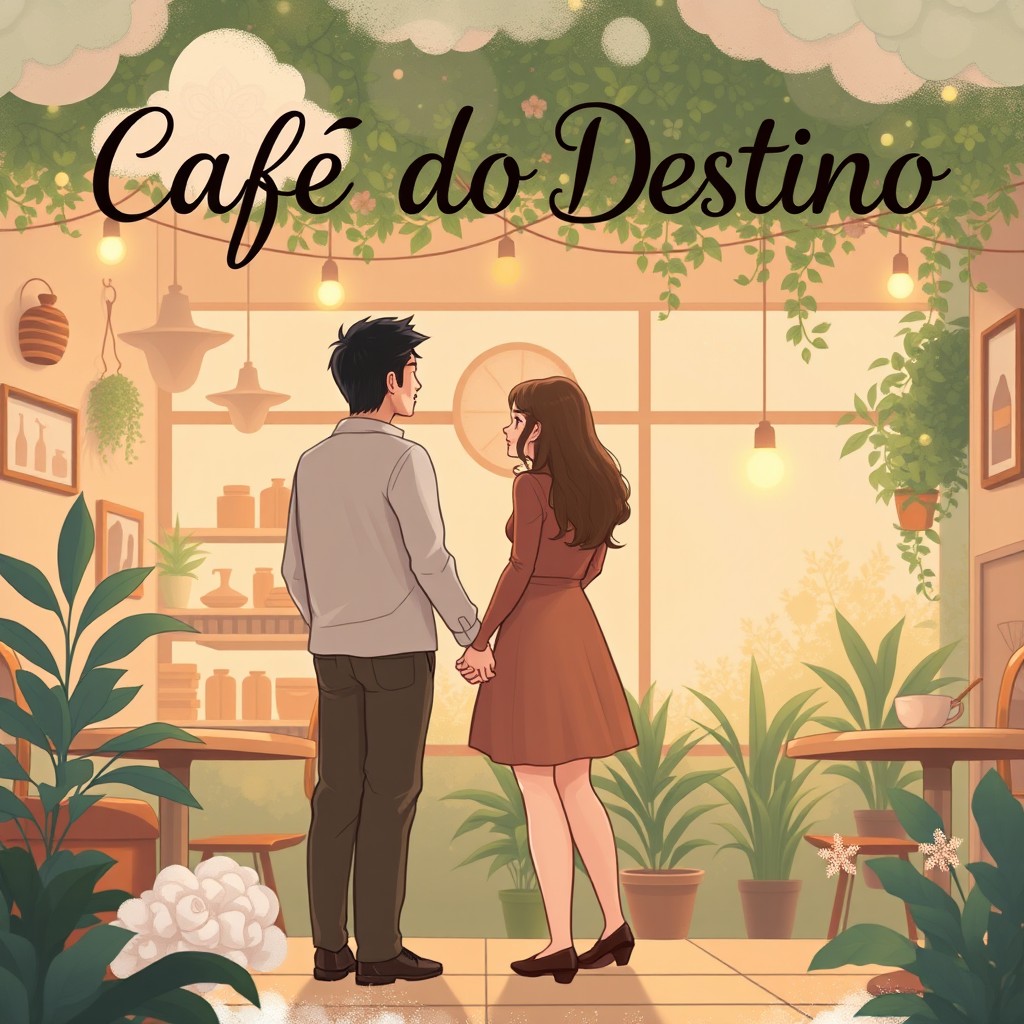 A charming book cover for a fanfic titled 'Café do Destino'