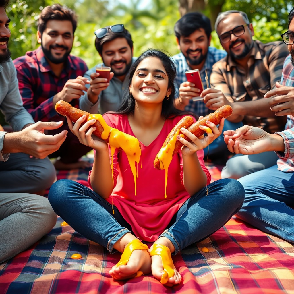 A vibrant scene featuring a young Pakistani woman, 18 years old, with a joyful expression