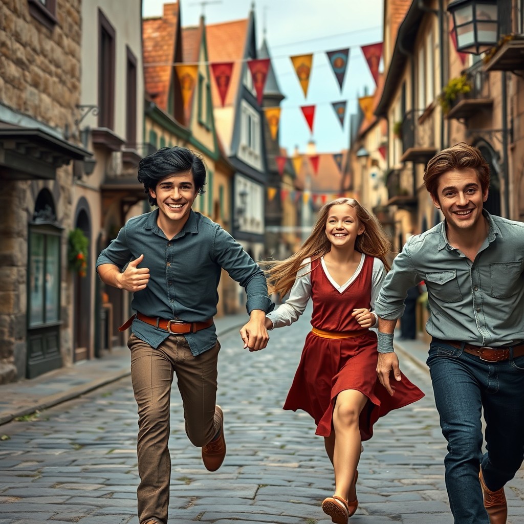 A gray-eyed young man with black hair and a pleasant smile is running down the street of a medieval European town, holding the left hand of a beautiful gray-eyed blonde girl