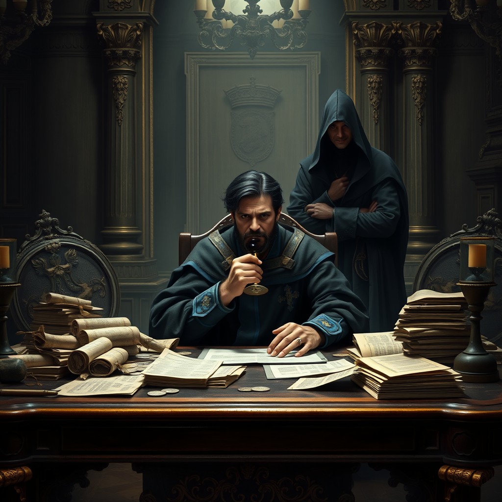 An adult black-haired European king in a black robe with blue stripes sits alone at a massive desk cluttered with scrolls, pouches of coins, and documents, looking displeased as he sips wine