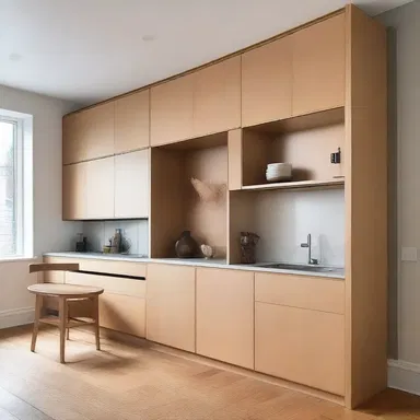 The architect incorporated nogs into the wall to provide a sturdy base for the hanging cabinets.