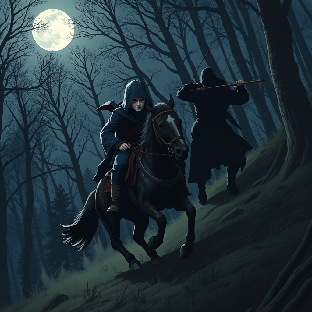 A young assassin clad in dark blue attire with a hood and a white mask covering the lower half of his face rides swiftly on horseback down a slope through a moonlit forest
