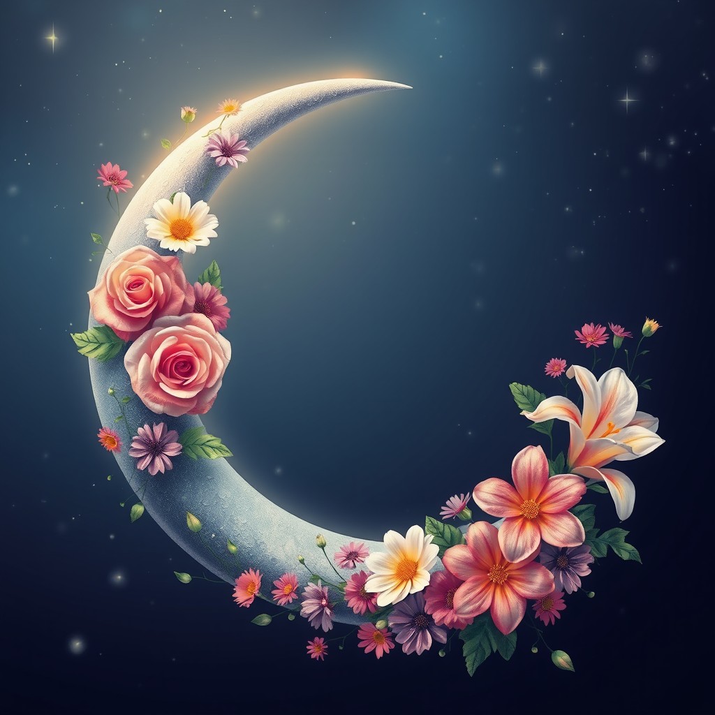 A beautiful crescent moon gracefully adorned with vibrant flowers, creating a magical and enchanting atmosphere