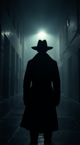 A mysterious figure dressed in a dark trench coat stands in a foggy alleyway, illuminated by the dim glow of a street lamp