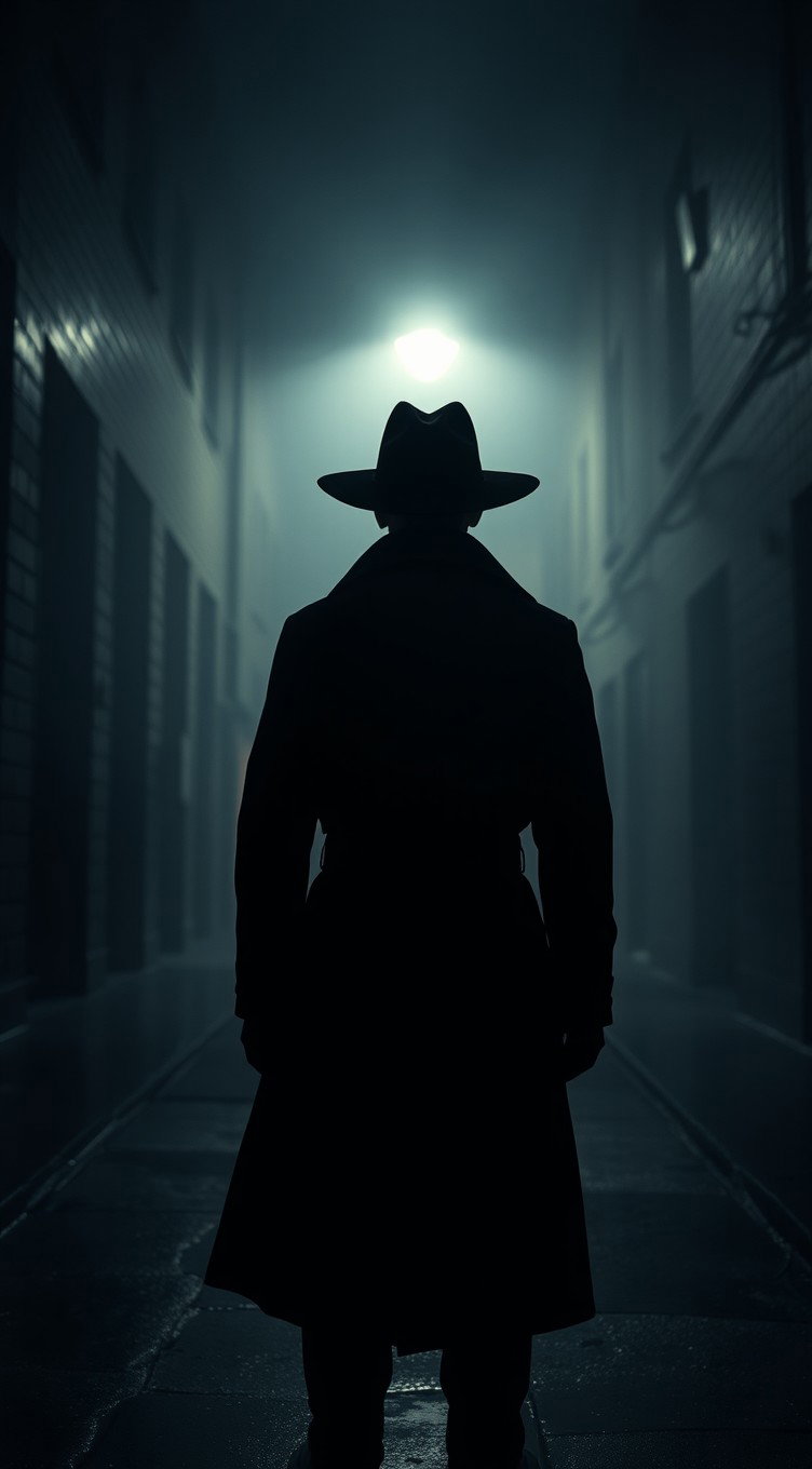 A mysterious figure dressed in a dark trench coat stands in a foggy alleyway, illuminated by the dim glow of a street lamp
