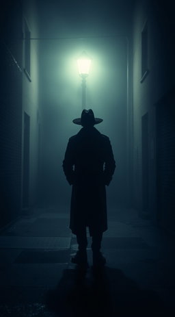 A mysterious figure dressed in a dark trench coat stands in a foggy alleyway, illuminated by the dim glow of a street lamp