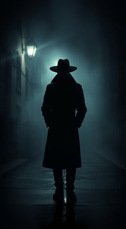 A mysterious figure dressed in a dark trench coat stands in a foggy alleyway, illuminated by the dim glow of a street lamp