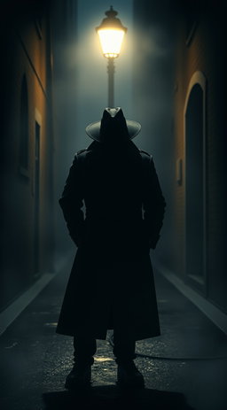 A mysterious figure dressed in a dark trench coat stands in a foggy alleyway, illuminated by the dim glow of a street lamp