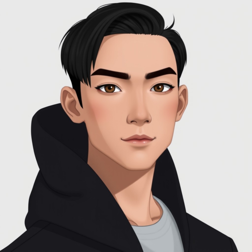 A character in a modern faceless style, age 23, slightly taller than Simón, around 1