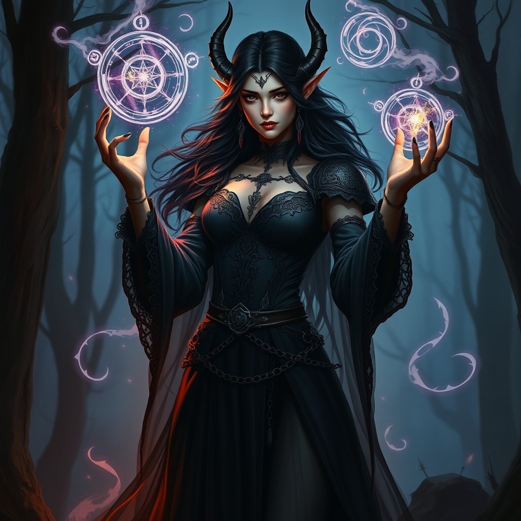 A dark elf sorceress with an elegant and noble gothic vampire aesthetic, featuring intricate details in her attire and surroundings