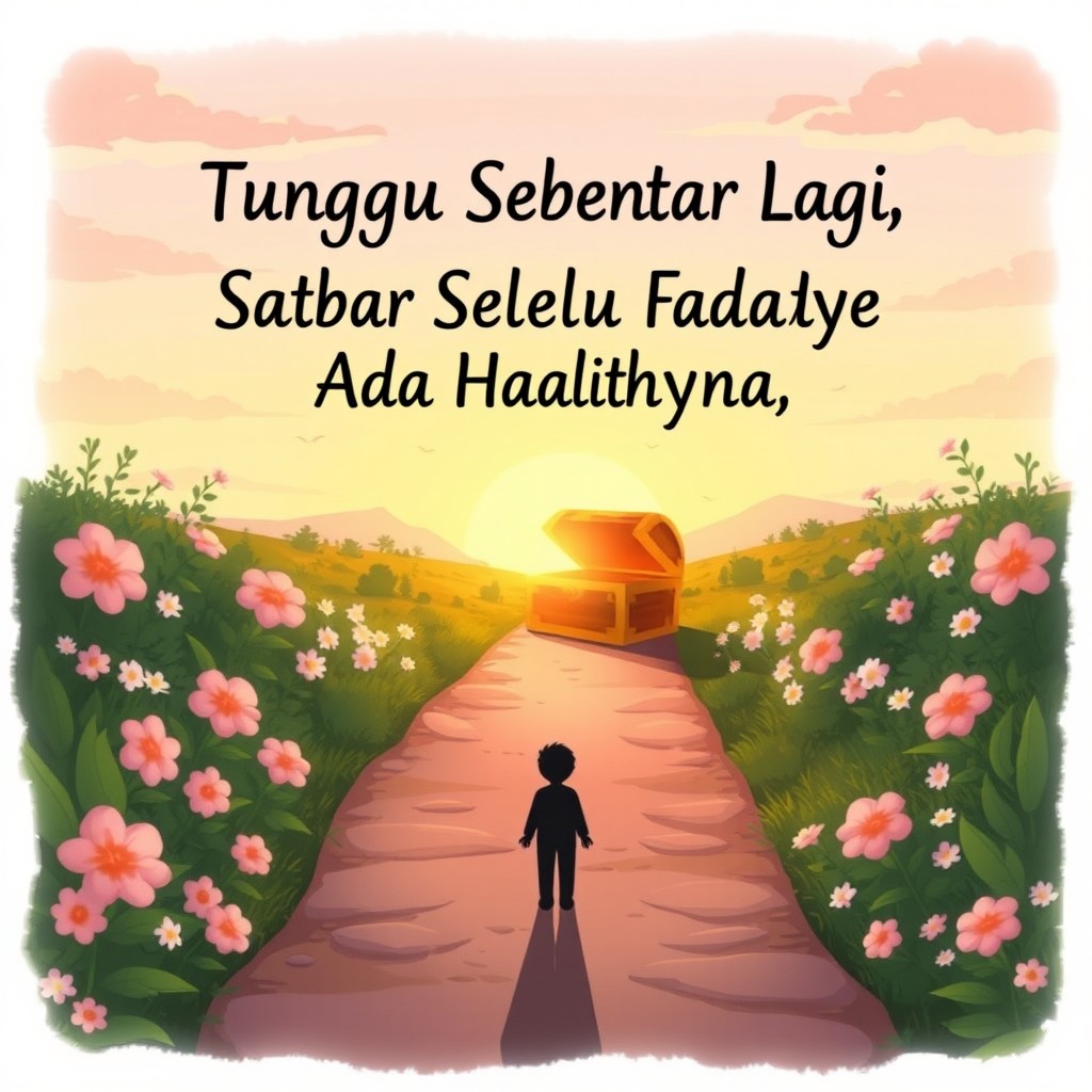 A beautiful illustration depicting the phrase "Tunggu Sebentar Lagi, Sabar Selalu Ada Hadiahnya