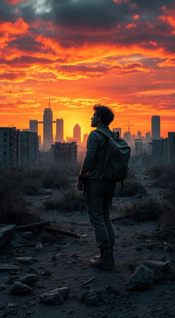 A lone survivor stands amidst a desolate, post-apocalyptic landscape, gazing towards a ruined city skyline under a dramatic sunset