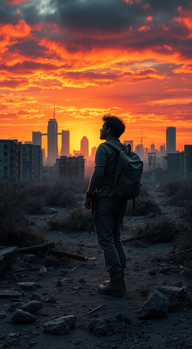 A lone survivor stands amidst a desolate, post-apocalyptic landscape, gazing towards a ruined city skyline under a dramatic sunset