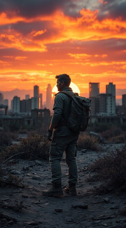 A lone survivor stands amidst a desolate, post-apocalyptic landscape, gazing towards a ruined city skyline under a dramatic sunset