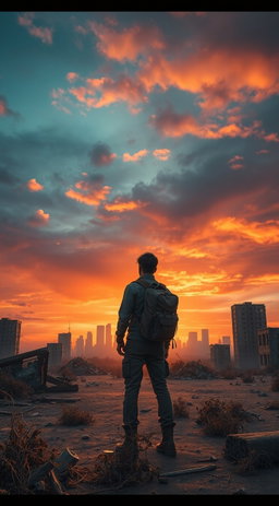 A lone survivor stands amidst a desolate, post-apocalyptic landscape, gazing towards a ruined city skyline under a dramatic sunset