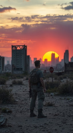 A lone survivor stands amidst a desolate, post-apocalyptic landscape, gazing towards a ruined city skyline under a dramatic sunset