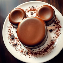 A delicious chocolate mousse cake shaped like Mickey Mouse, featuring the iconic rounded ears and body silhouette but without facial features
