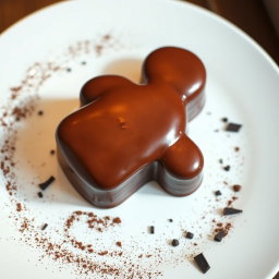 A delicious chocolate mousse cake shaped like Mickey Mouse, featuring the iconic rounded ears and body silhouette but without facial features