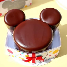 A delightful chocolate mousse cake shaped like Mickey Mouse, featuring the classic rounded ears and body silhouette, but without any facial features