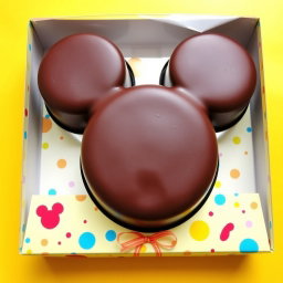 A delightful chocolate mousse cake shaped like Mickey Mouse, featuring the classic rounded ears and body silhouette, but without any facial features