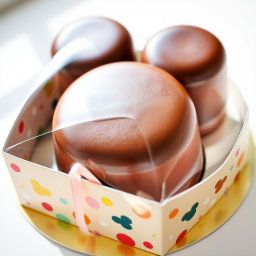 A delightful chocolate mousse cake shaped like Mickey Mouse, featuring the classic rounded ears and body silhouette, but without any facial features