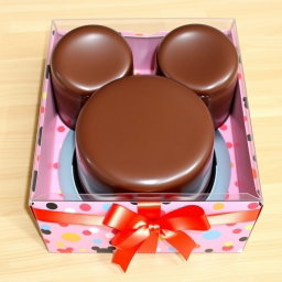 A delicious chocolate mousse cake shaped like Mickey Mouse, featuring the classic rounded ears and body silhouette, without any facial features