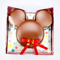 A delicious chocolate mousse cake shaped like Mickey Mouse, featuring the classic rounded ears and body silhouette, without any facial features