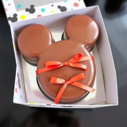 A delicious chocolate mousse cake shaped like Mickey Mouse, featuring the classic rounded ears and body silhouette, without any facial features