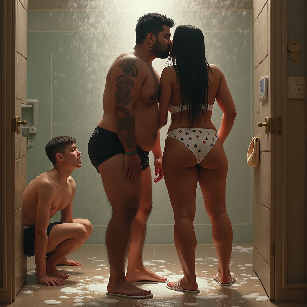 A vibrant and intimate scene featuring a Mexican woman with light skin, wide hips, and a robust build with thick legs