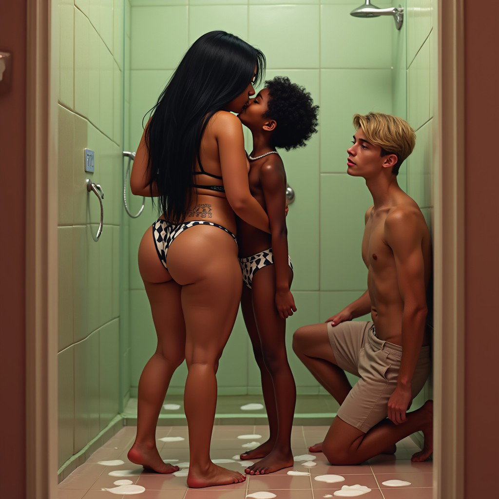 A captivating scene featuring a light-skinned Mexican woman with wide hips, a medium physique, and thick legs