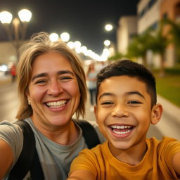 A casual, slightly blurry selfie taken with an iPhone showing a happy adult and a Mexican-boy with a joyful expression