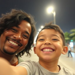 A casual, slightly blurry selfie taken with an iPhone showing a happy adult and a Mexican-boy with a joyful expression