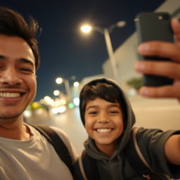 A casual, slightly blurry selfie taken with an iPhone showing a happy adult and a Mexican-boy with a joyful expression