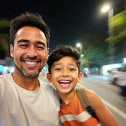 A casual, slightly blurry selfie taken with an iPhone showing a happy adult and a Mexican-boy with a joyful expression
