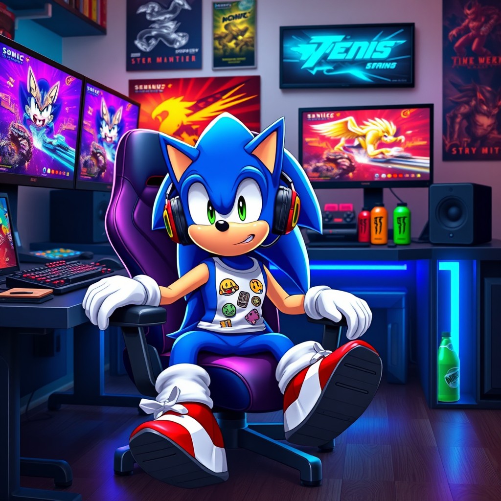 Sonic the Hedgehog, depicted as an enthusiastic gamer, sitting in a cool gaming chair, surrounded by high-tech gaming gear like multiple monitors displaying vibrant game graphics