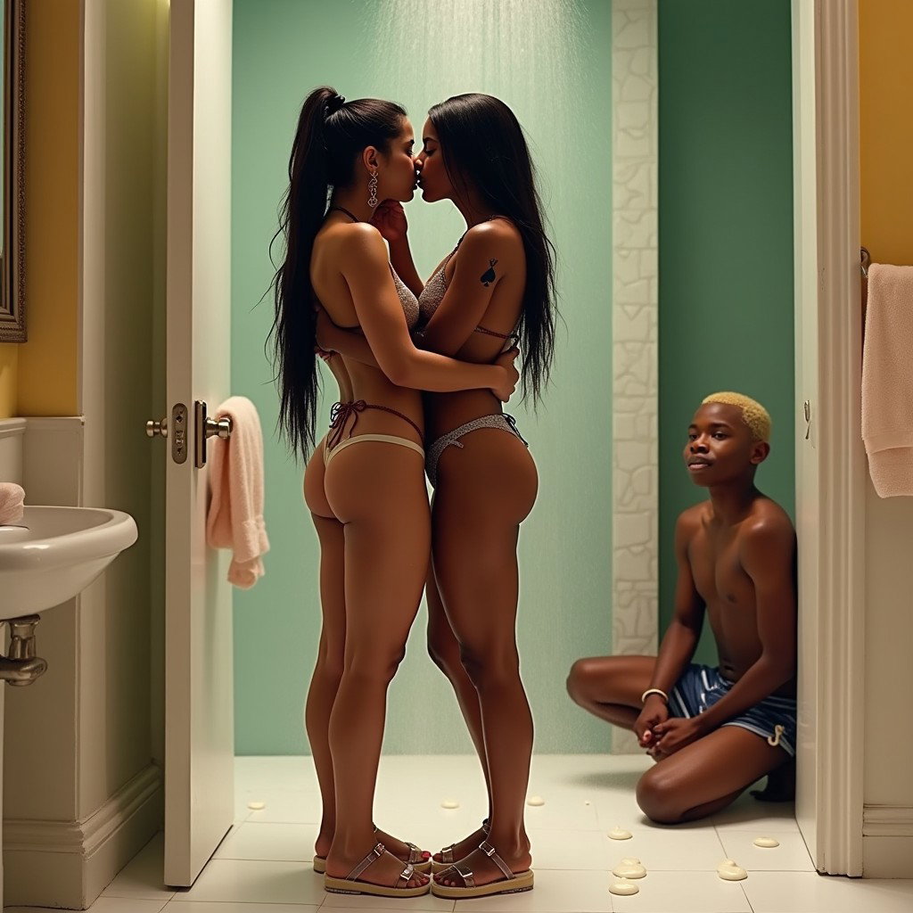 A vibrant bathroom scene featuring a light-skinned Mexican woman with wide hips and a medium build, showcasing thick legs and very long, straight black hair