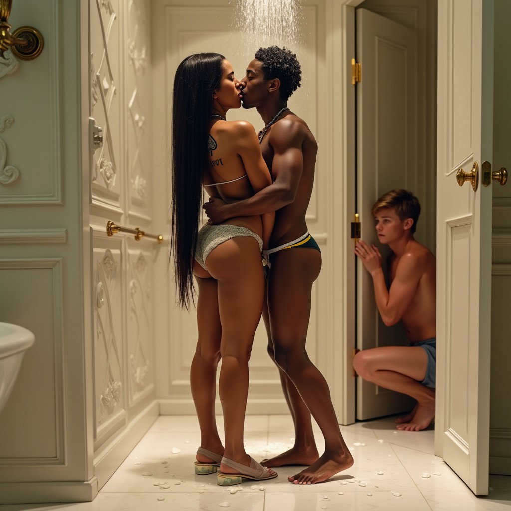A vivid scene in a luxurious bathroom featuring a light-skinned Mexican woman with wide hips and a medium build, showcasing thick legs and very long, straight black hair